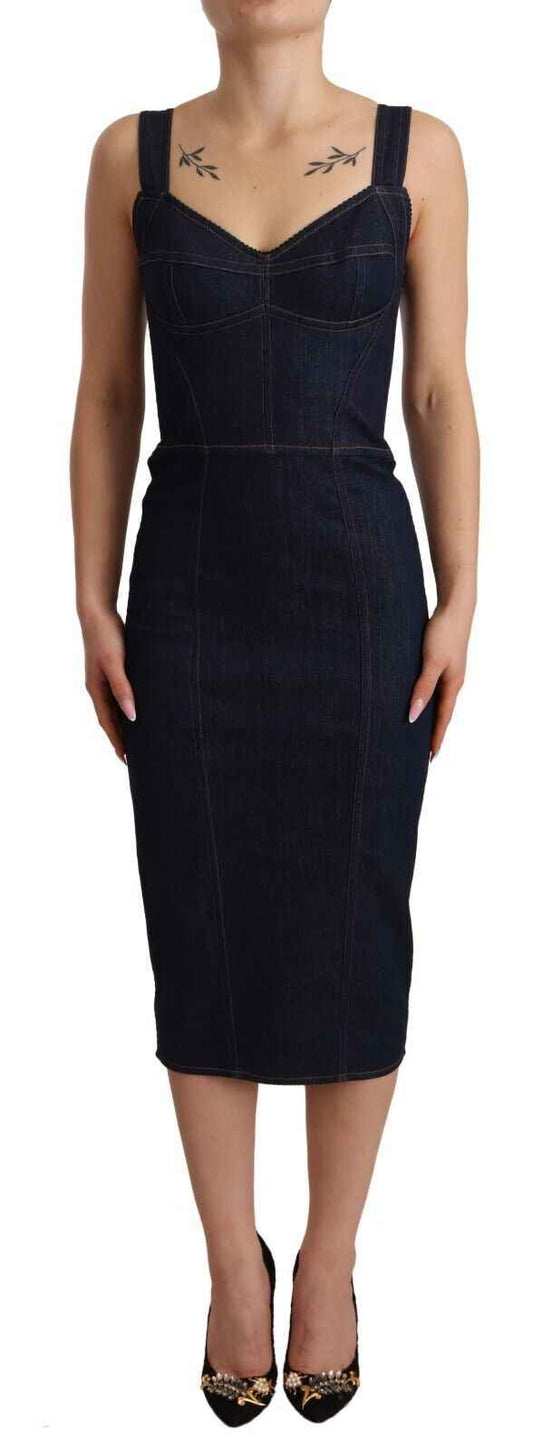 Dolce & Gabbana Dark Blue Cotton Denim Sheath Midi Dress by Dolce & Gabbana