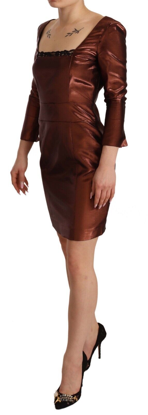 GF Ferre Metallic Brown Long Sleeves Square Neck Sheath Dress by GF Ferre