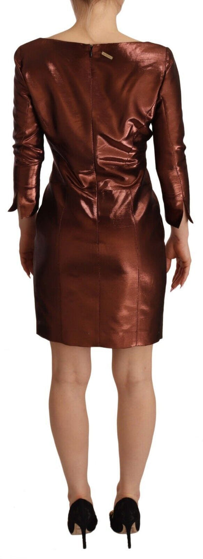 GF Ferre Metallic Brown Long Sleeves Square Neck Sheath Dress by GF Ferre