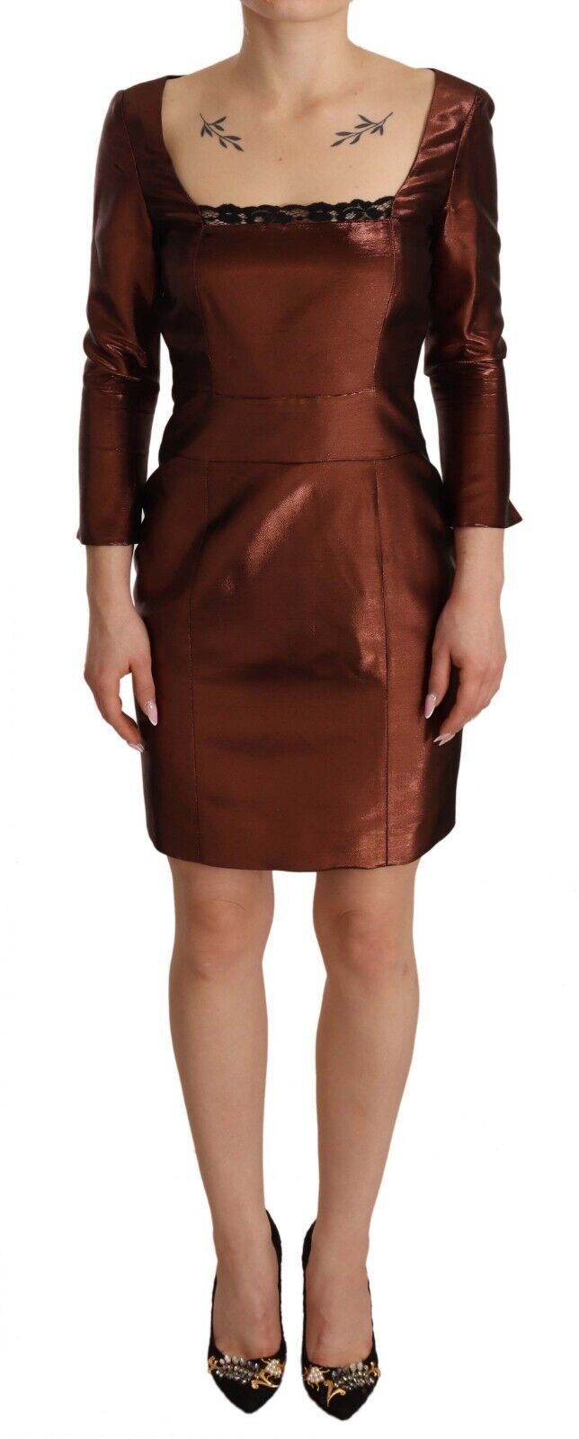 GF Ferre Metallic Brown Long Sleeves Square Neck Sheath Dress by GF Ferre