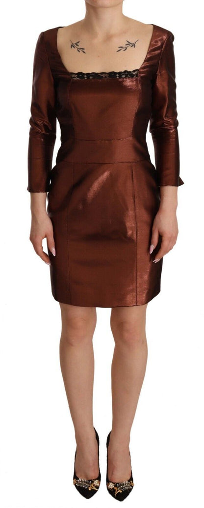 GF Ferre Metallic Brown Long Sleeves Square Neck Sheath Dress by GF Ferre