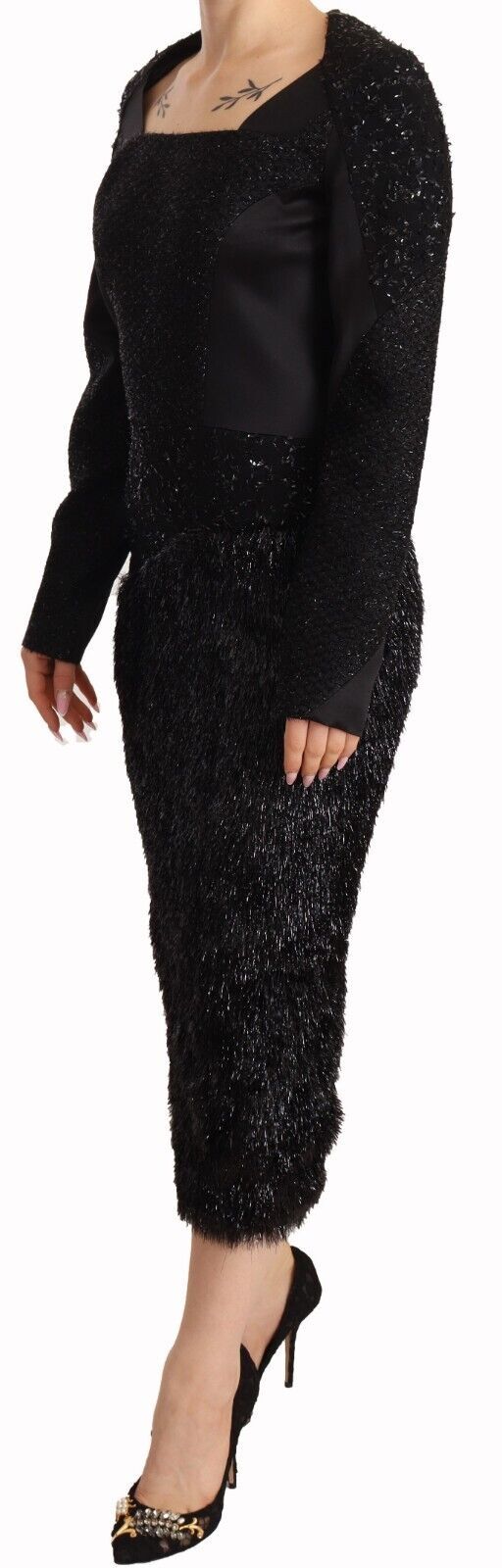 Masha Ma Black Studs Embellished Long Sleeves Sheath Midi Dress by Masha Ma