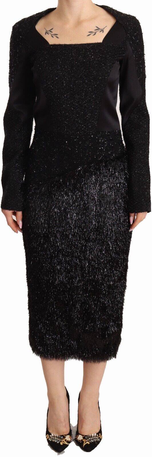 Masha Ma Black Studs Embellished Long Sleeves Sheath Midi Dress by Masha Ma