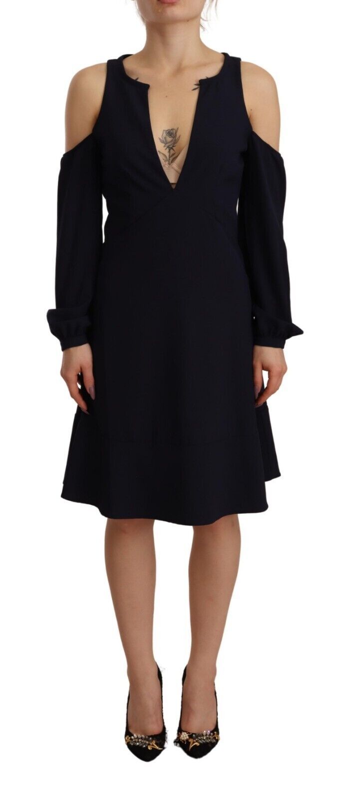 Twinset Black Long Sleeves Open Shoulder A-line Dress by Twinset