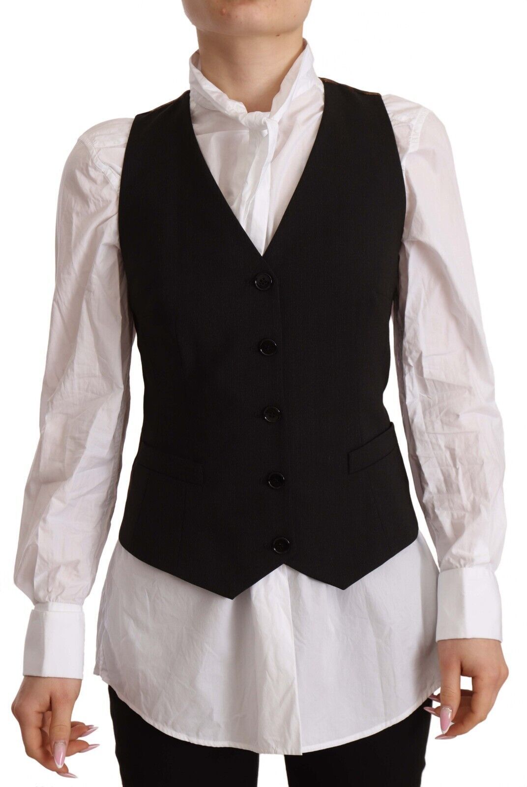 Dolce &amp; Gabbana Black Button Down Sleeveless Vest Polyester Top