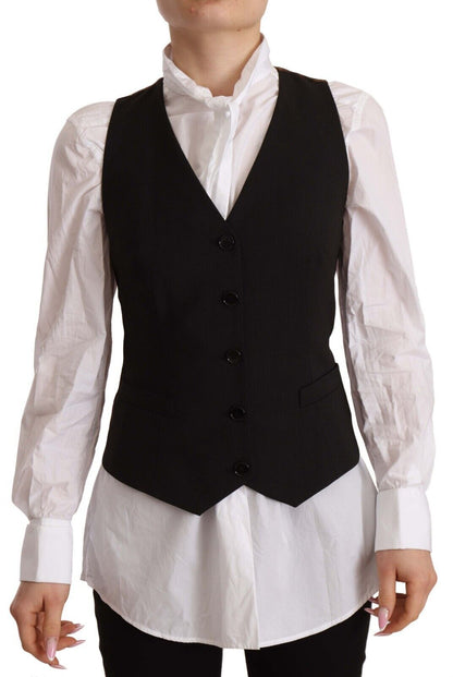 Dolce &amp; Gabbana Black Button Down Sleeveless Vest Polyester Top
