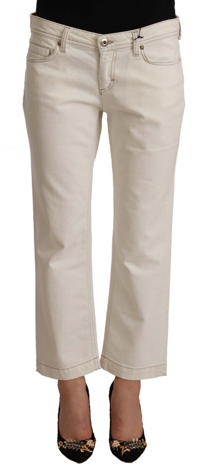 Dolce & Gabbana Off White Cotton Flared Cropped Denim Jeans by Dolce & Gabbana