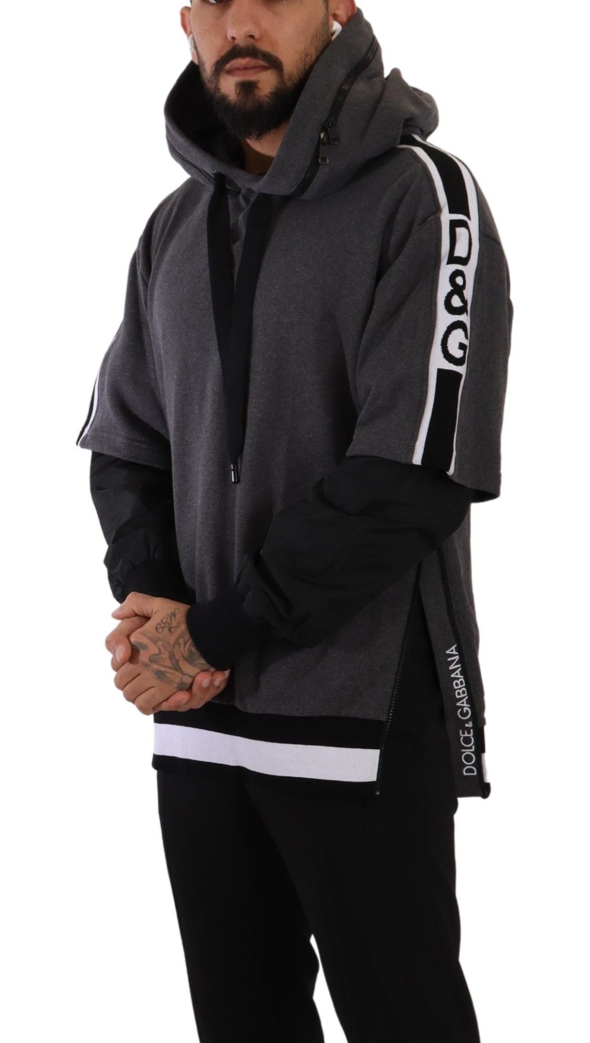 Dolce &amp; Gabbana Gray Black Cotton Hooded #DGMILLENNIALS Sweater