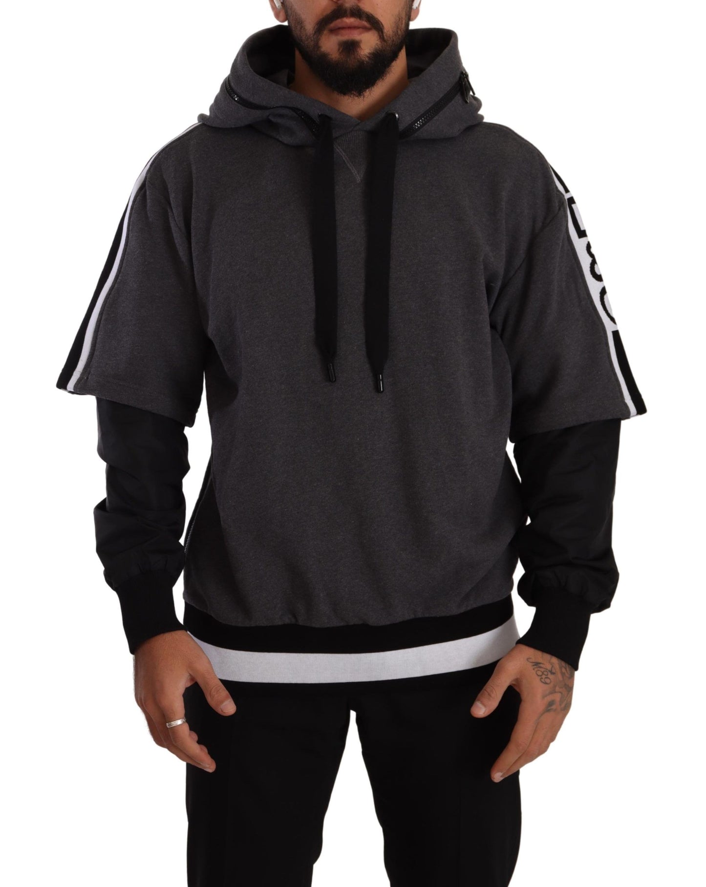 Dolce &amp; Gabbana Gray Black Cotton Hooded #DGMILLENNIALS Sweater