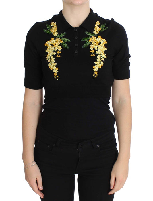 Dolce &amp; Gabbana Élégant haut polo en soie noire à fleurs