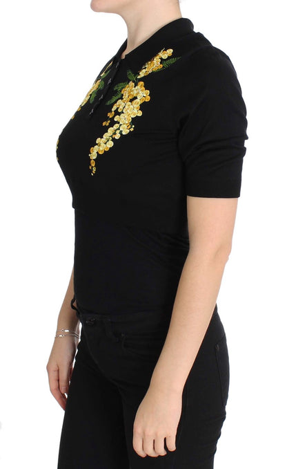 Dolce &amp; Gabbana Élégant haut polo en soie noire à fleurs