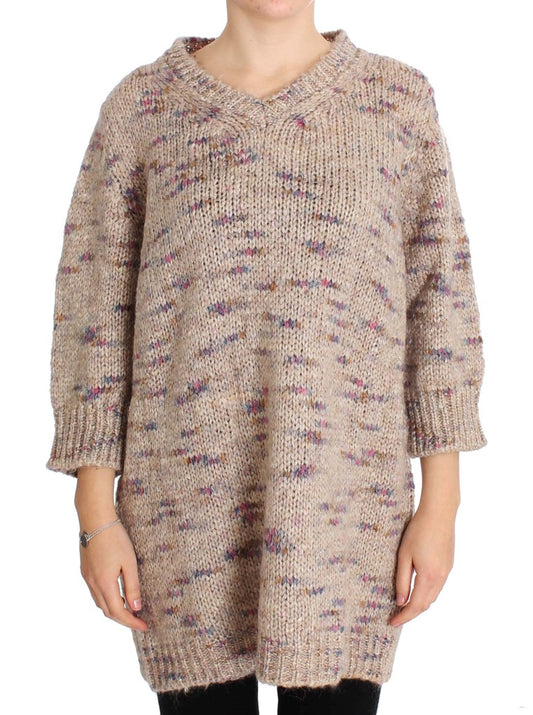 Pull en maille beige oversize à col en V PINK MEMORIES