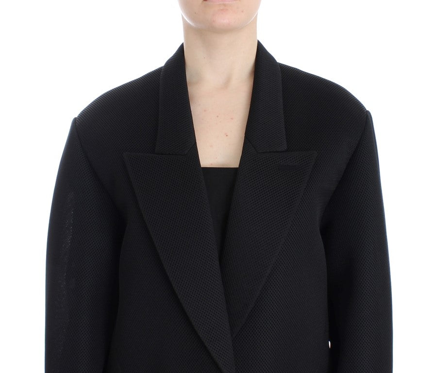 KAALE SUKTAE Élégant manteau long drapé noir avec des touches de rouge