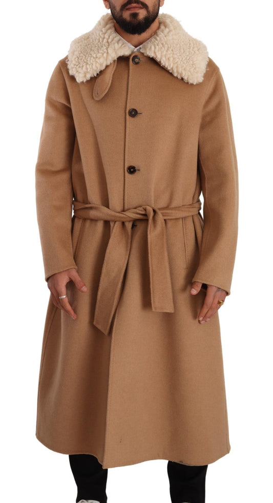 Dolce &amp; Gabbana - Manteau beige opulent à col en peau lainée