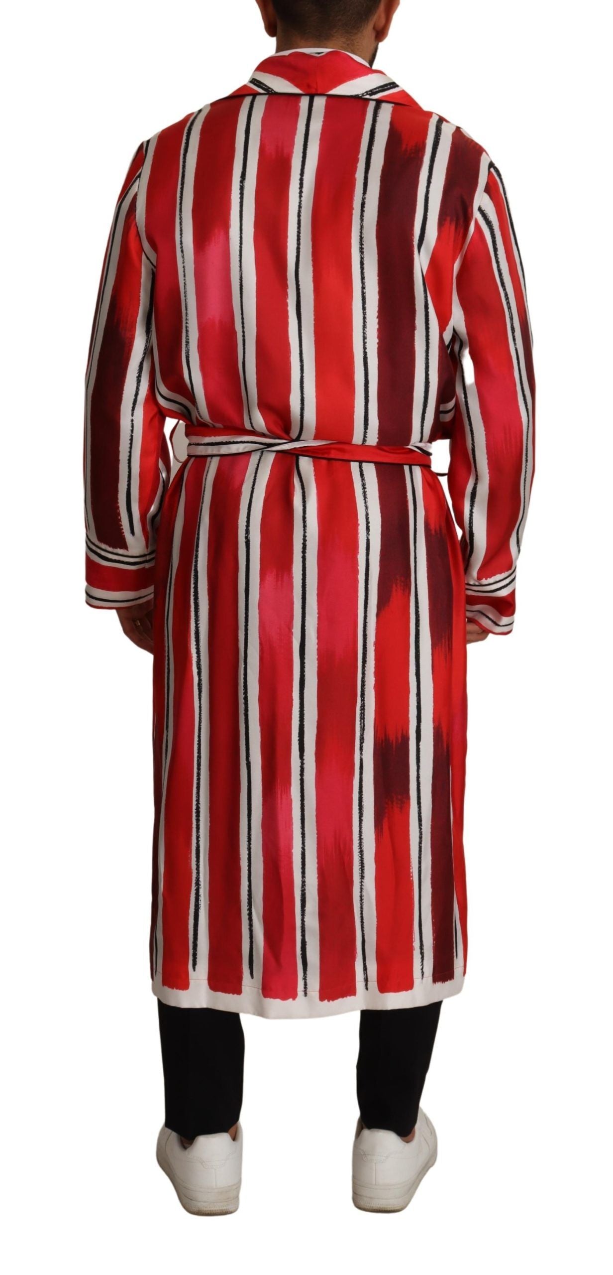 Dolce &amp; Gabbana Red White Striped Silk Mens Night Gown Robe