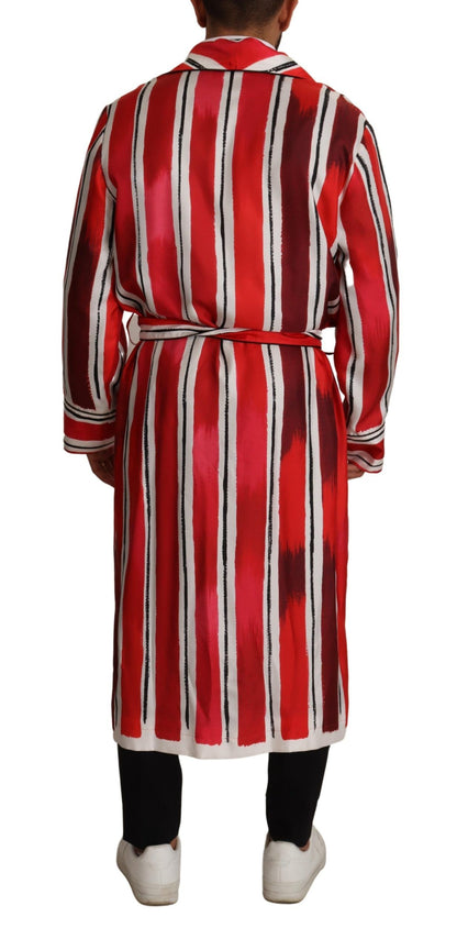 Dolce &amp; Gabbana Red White Striped Silk Mens Night Gown Robe