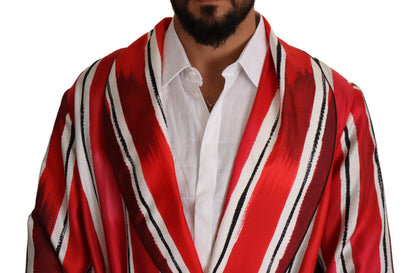 Dolce &amp; Gabbana Red White Striped Silk Mens Night Gown Robe
