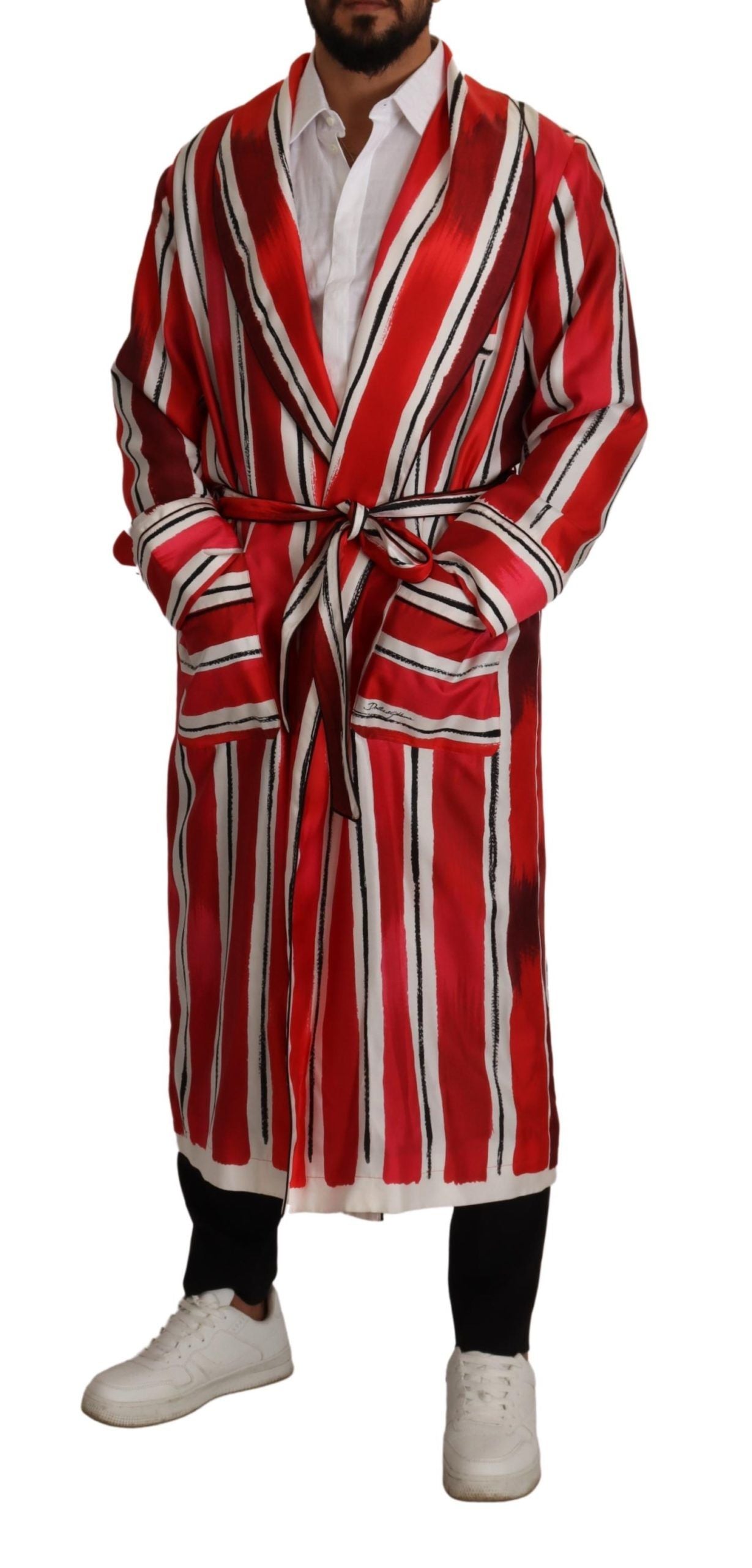 Dolce &amp; Gabbana Red White Striped Silk Mens Night Gown Robe