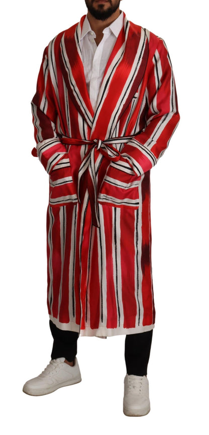 Dolce &amp; Gabbana Red White Striped Silk Mens Night Gown Robe