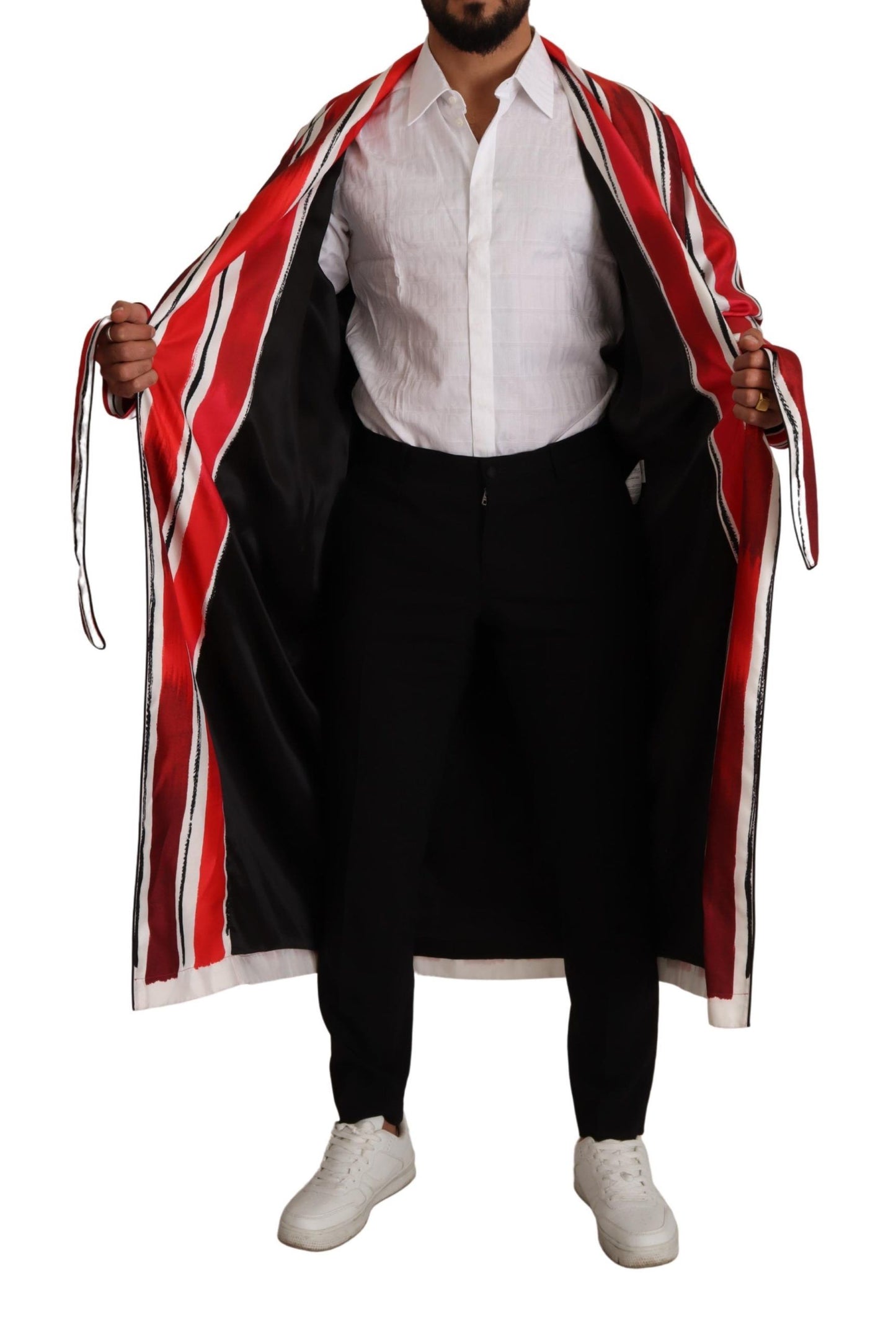 Dolce &amp; Gabbana Red White Striped Silk Mens Night Gown Robe