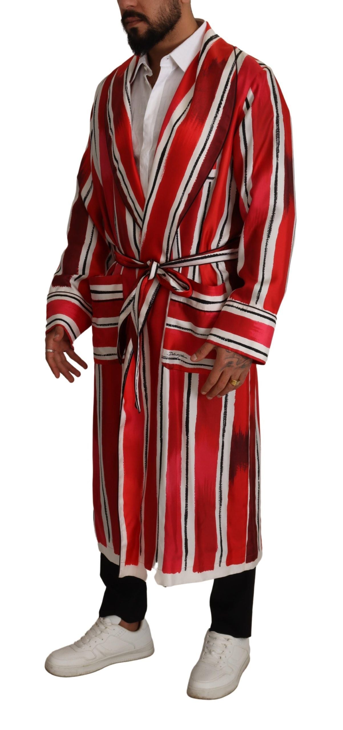 Dolce &amp; Gabbana Red White Striped Silk Mens Night Gown Robe