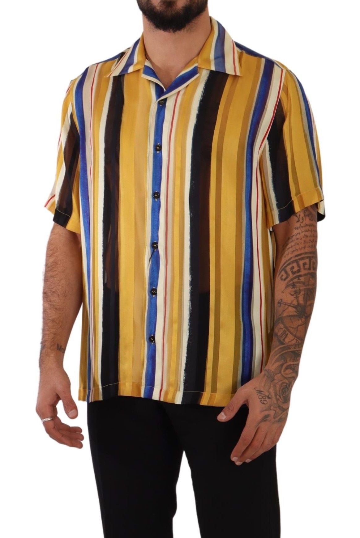 Dolce & Gabbana Yellow Striped Short Sleeve Silk Shirt by Dolce & Gabbana