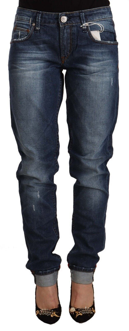Eight Blue Washed Mid Waist Slim Fit Denim Folded Hem Jeans