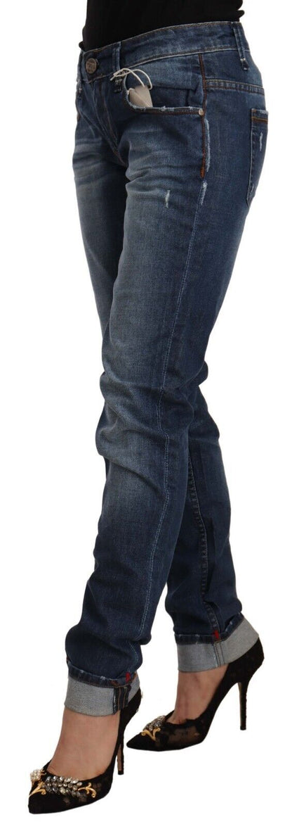 Eight Blue Washed Mid Waist Slim Fit Denim Folded Hem Jeans