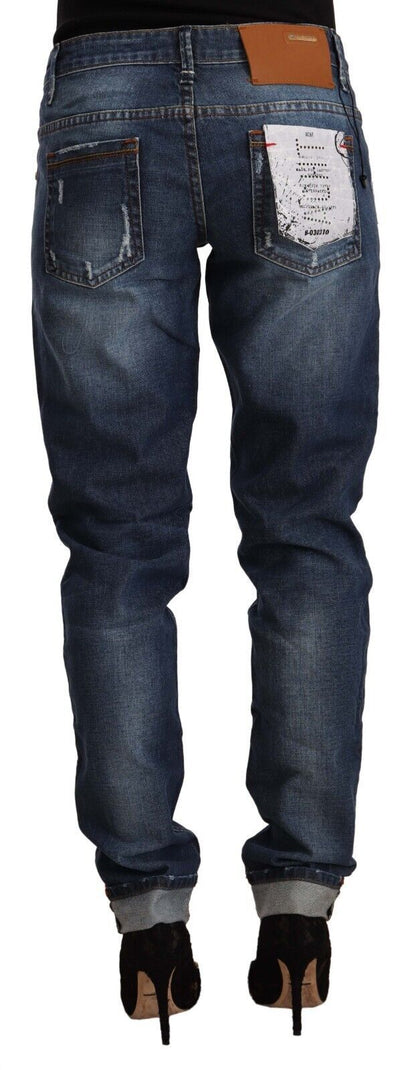 Eight Blue Washed Mid Waist Slim Fit Denim Folded Hem Jeans