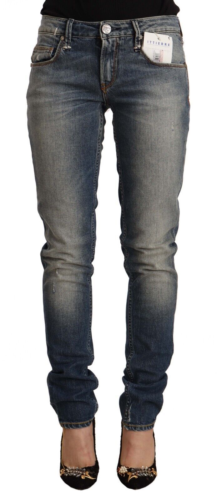 Jean skinny délavé bleu en coton mélangé