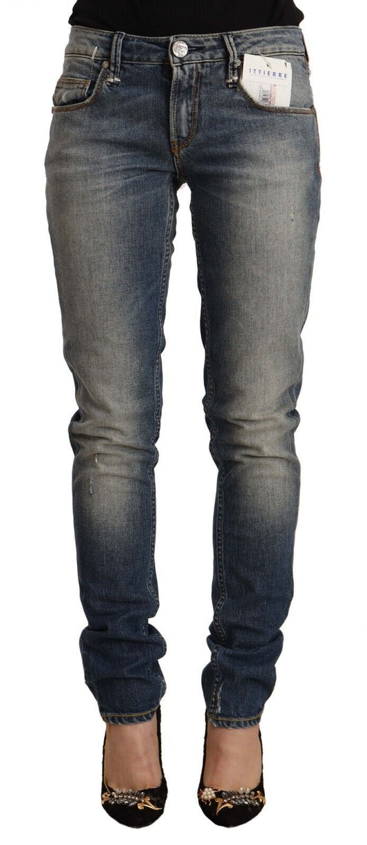 Jean skinny délavé bleu en coton mélangé