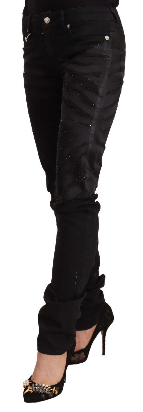Just Cavalli Black Mid Waist Embellished Skinny Jeans by Just Cavalli