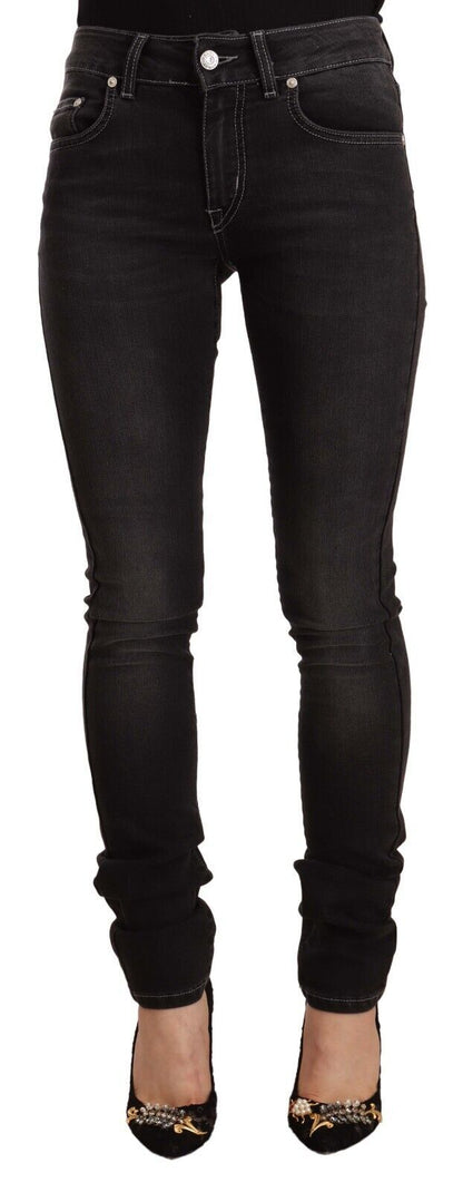 GF Ferre Black Washed Mid Waist Cotton Denim Skinny Jeans by GF Ferre