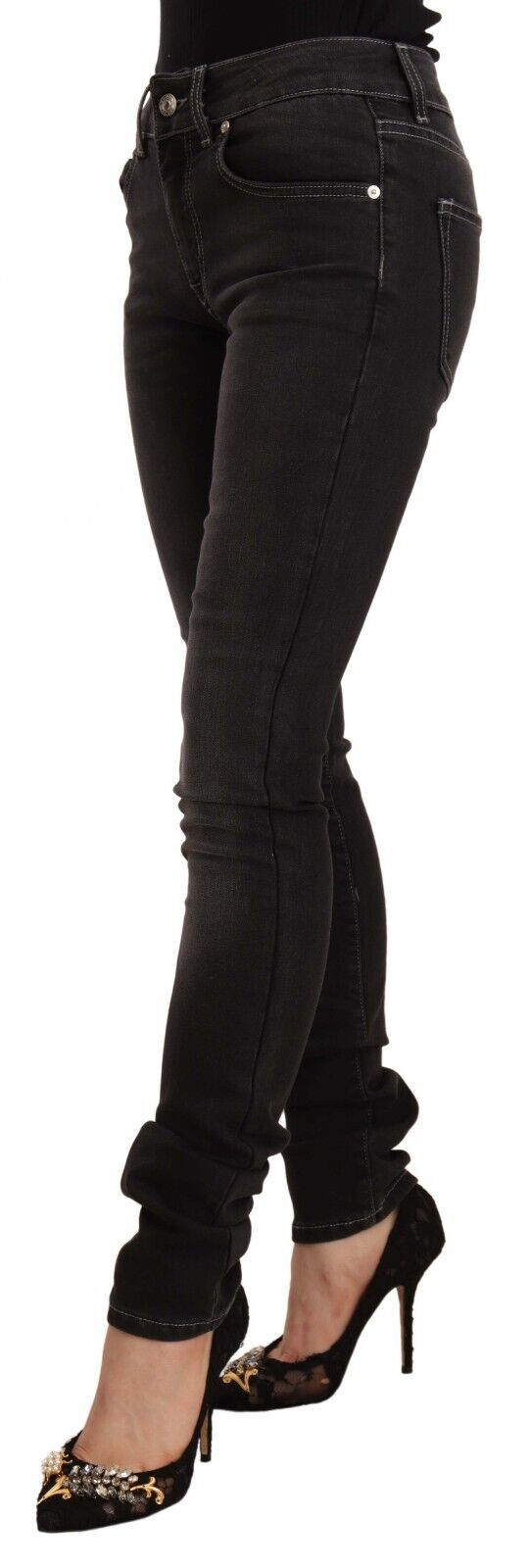 GF Ferre Black Washed Mid Waist Cotton Denim Skinny Jeans by GF Ferre