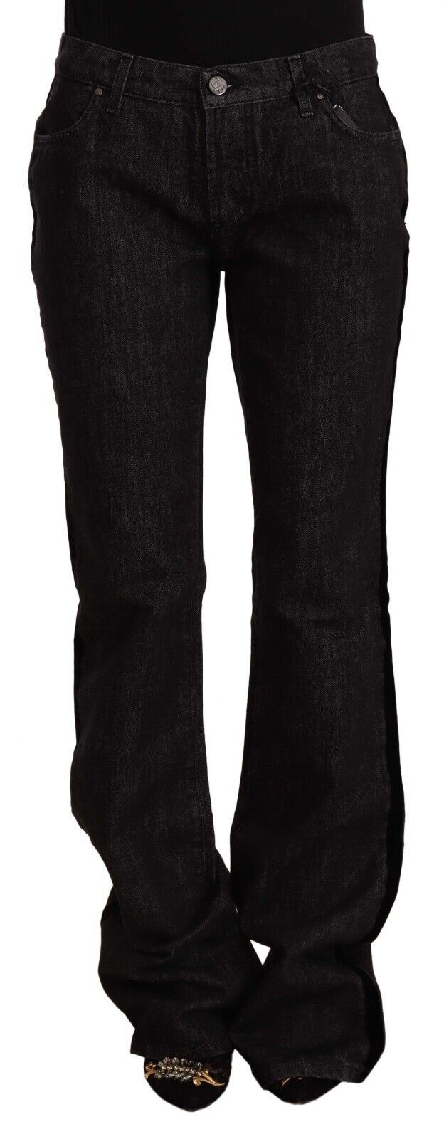 GF Ferre Black Mid Waist Cotton Denim Straight Boot Cut Jeans by GF Ferre