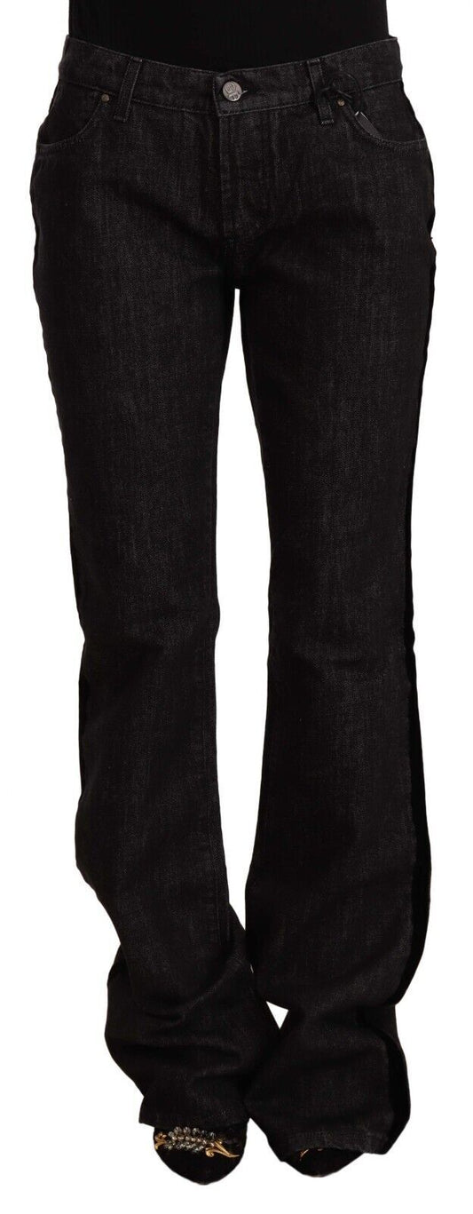 GF Ferre Black Mid Waist Cotton Denim Straight Boot Cut Jeans by GF Ferre