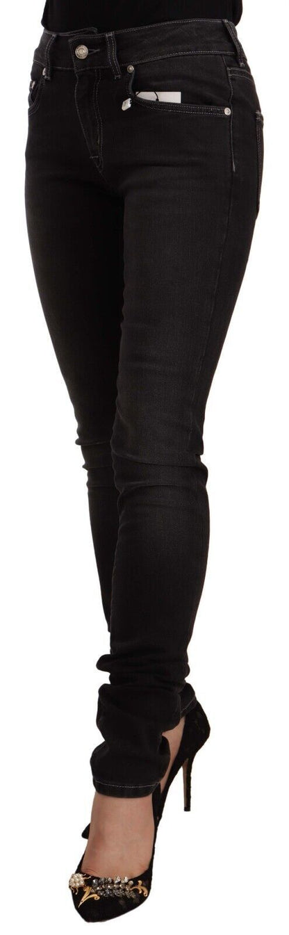 GF Ferre Black Washed Mid Waist Cotton Skinny Slim Fit Jeans by GF Ferre