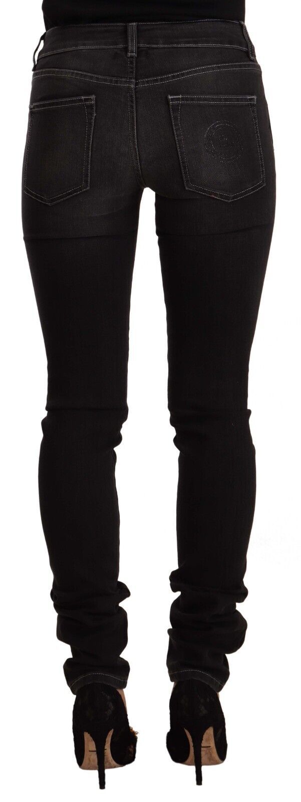 GF Ferre Black Washed Mid Waist Cotton Skinny Slim Fit Jeans by GF Ferre