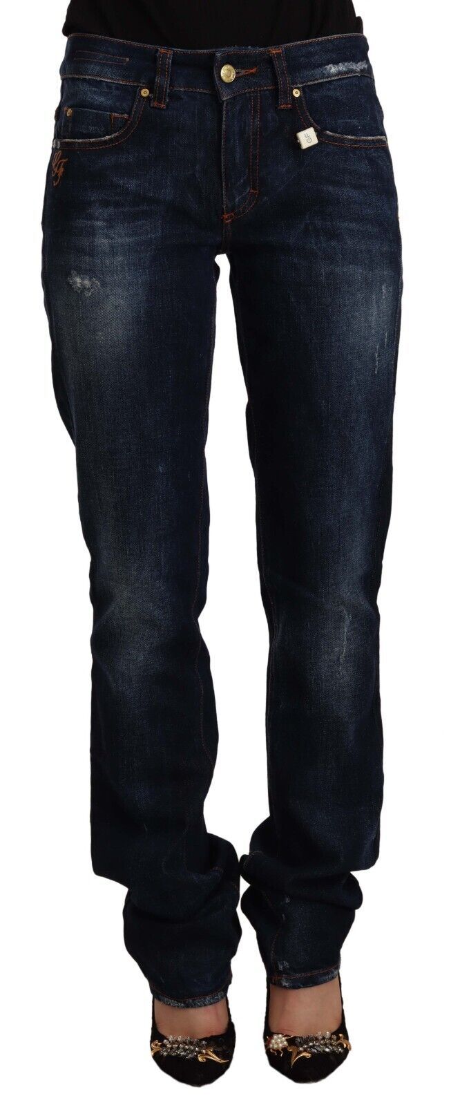GF Ferre Dark Blue Washed Mid Waist Cotton Denim Straight Jeans by GF Ferre