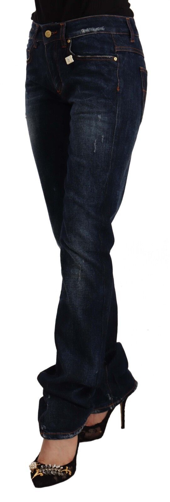 GF Ferre Dark Blue Washed Mid Waist Cotton Denim Straight Jeans by GF Ferre