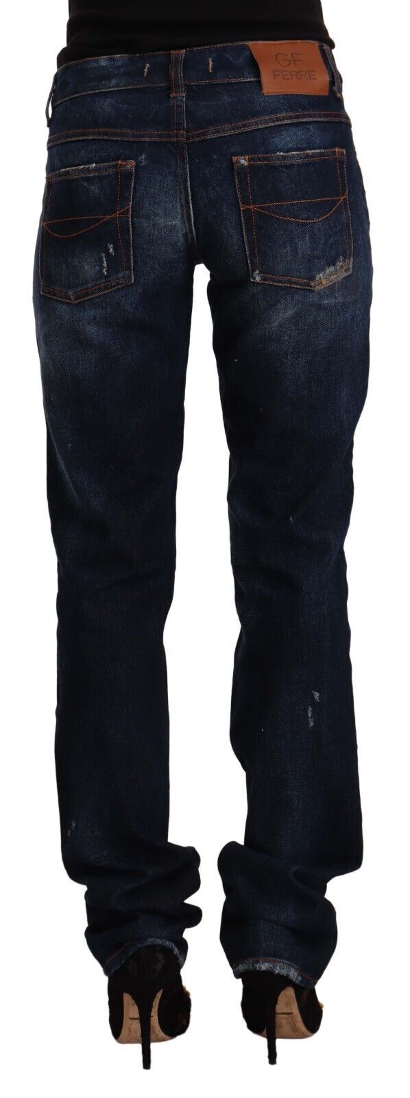 GF Ferre Dark Blue Washed Mid Waist Cotton Denim Straight Jeans by GF Ferre