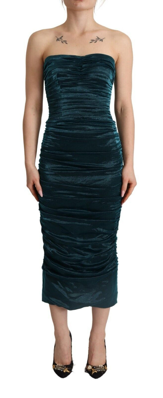 Dolce &amp; Gabbana Turquoise Bustier Bodice Draped Midi Dress