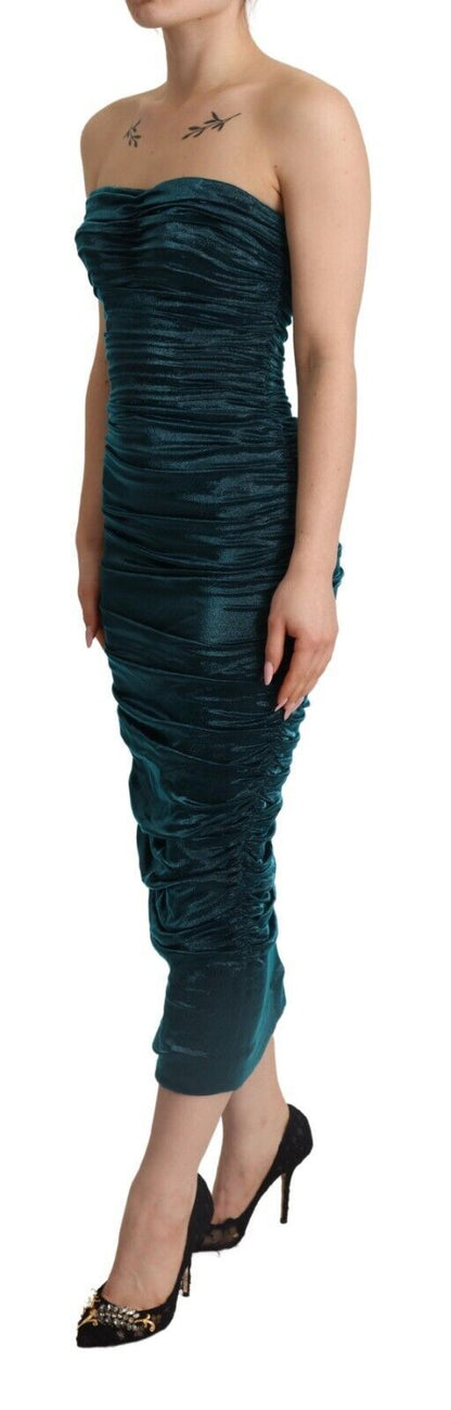 Dolce &amp; Gabbana Turquoise Bustier Bodice Draped Midi Dress