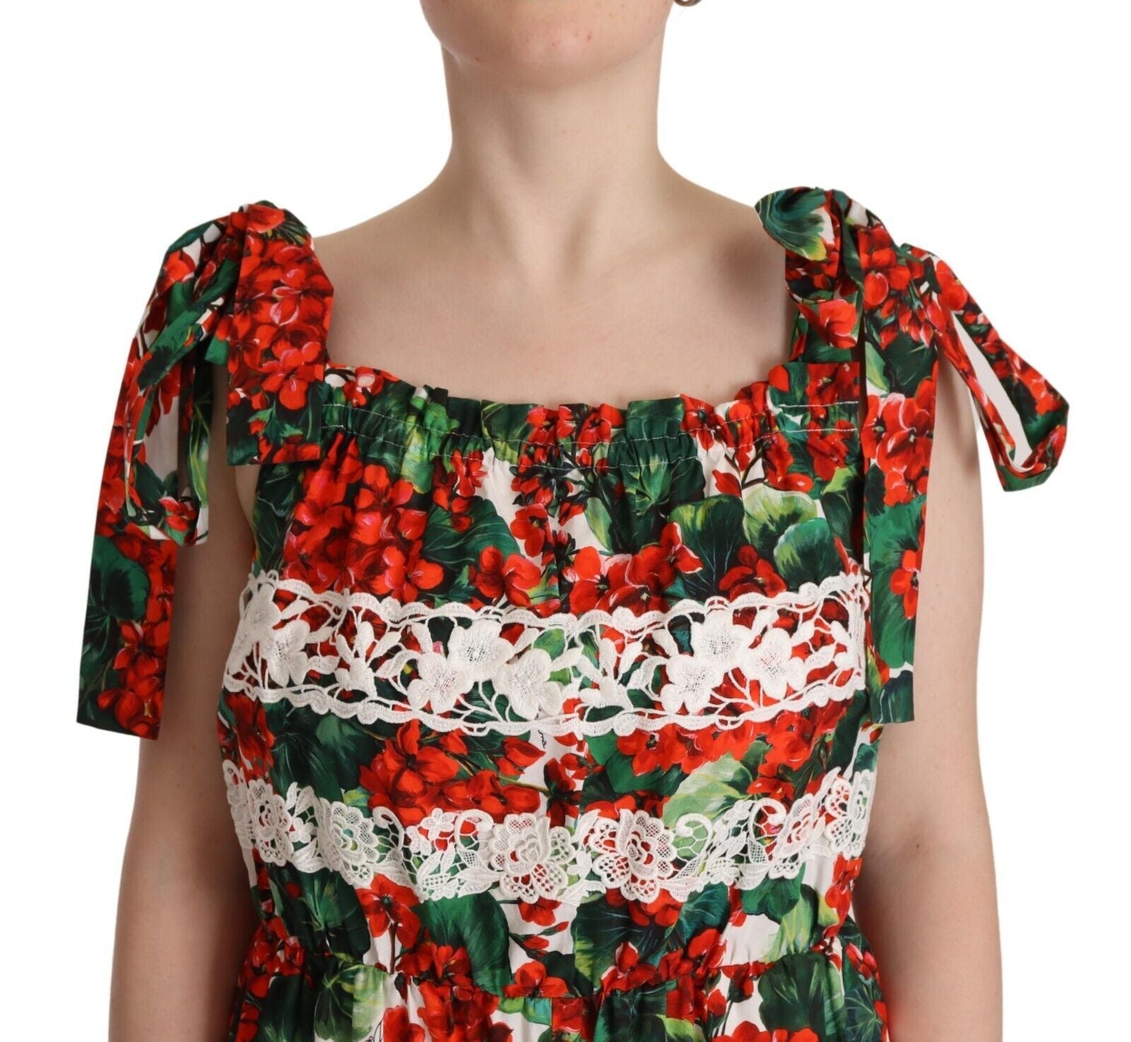 Dolce & Gabbana Multicolor Geranium Print Lace Long Maxi Dress by Dolce & Gabbana