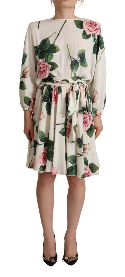 Dolce & Gabbana White Rose Print Long Sleeves A-line Dress by Dolce & Gabbana