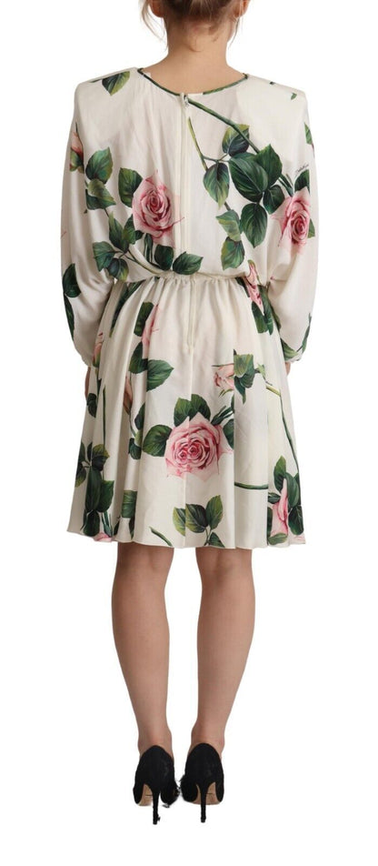 Dolce & Gabbana White Rose Print Long Sleeves A-line Dress by Dolce & Gabbana