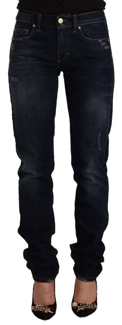 GF Ferre Dark Blue Washed Mid Waist Cotton Denim Skinny Jeans by GF Ferre