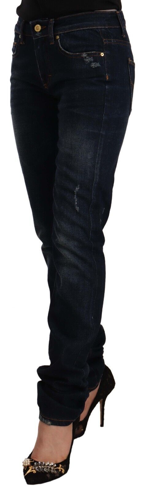 GF Ferre Dark Blue Washed Mid Waist Cotton Denim Skinny Jeans by GF Ferre