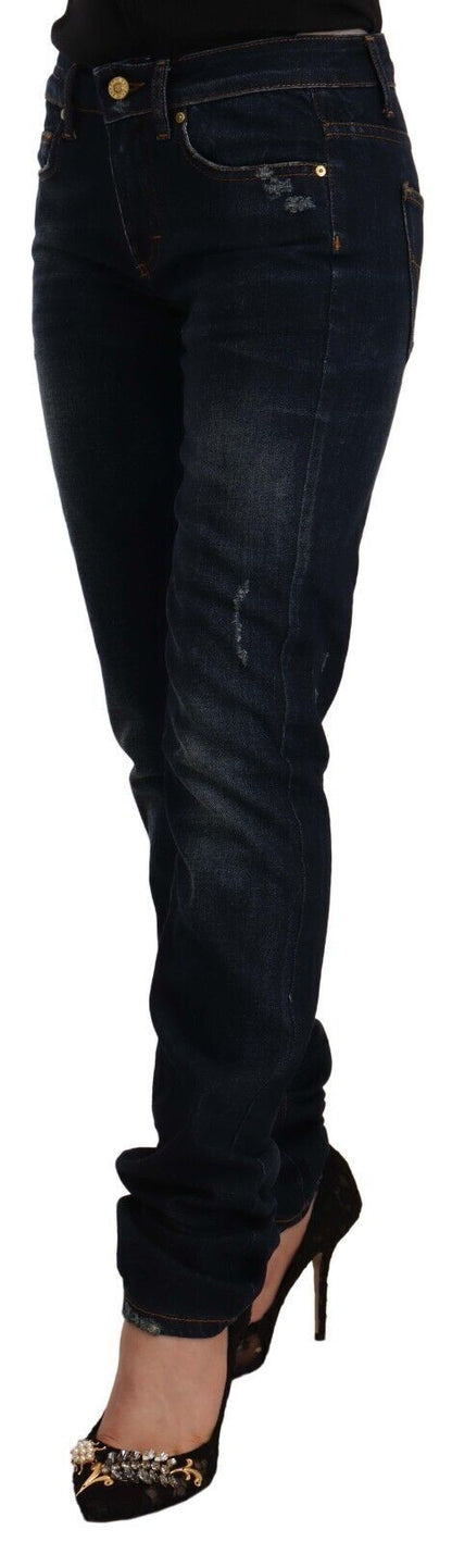 GF Ferre Dark Blue Washed Mid Waist Cotton Denim Skinny Jeans by GF Ferre