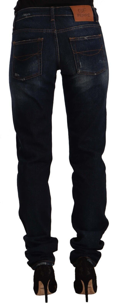 GF Ferre Dark Blue Washed Mid Waist Cotton Denim Skinny Jeans by GF Ferre